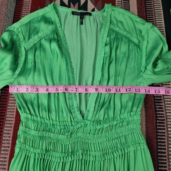 Maje Satin Pleated Mini Dress Sz 34 XS Ruffled Smocked V Neck Long Sleeves Fairy - Picture 7 of 13